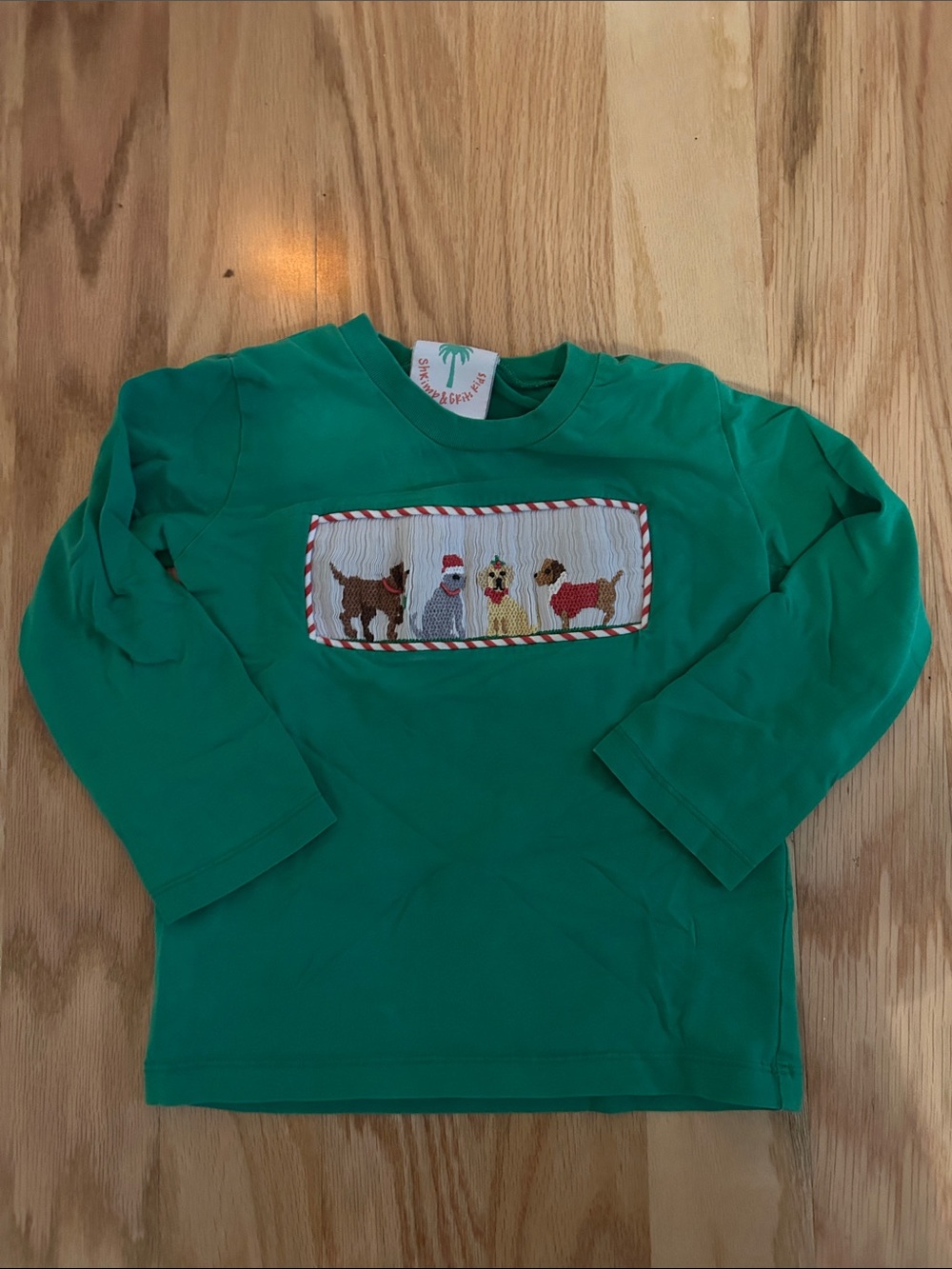 Green Long-Sleeve Kids Tee with Festive Dog Panel